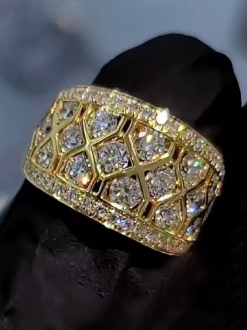 18k Yellow Gold Diamond Ring Wide Ring Large Statement Wide Ring